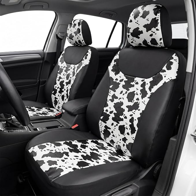 AUTOFAN Cow Print Car Seat Covers Full Set, PU Leather Interior Combo with 2 Front Seat Covers, 4 Floor Mats, Steering Wheel Cover, Seat Belt Pads & Cup Holder Coasters, Universal Fit - Image 2