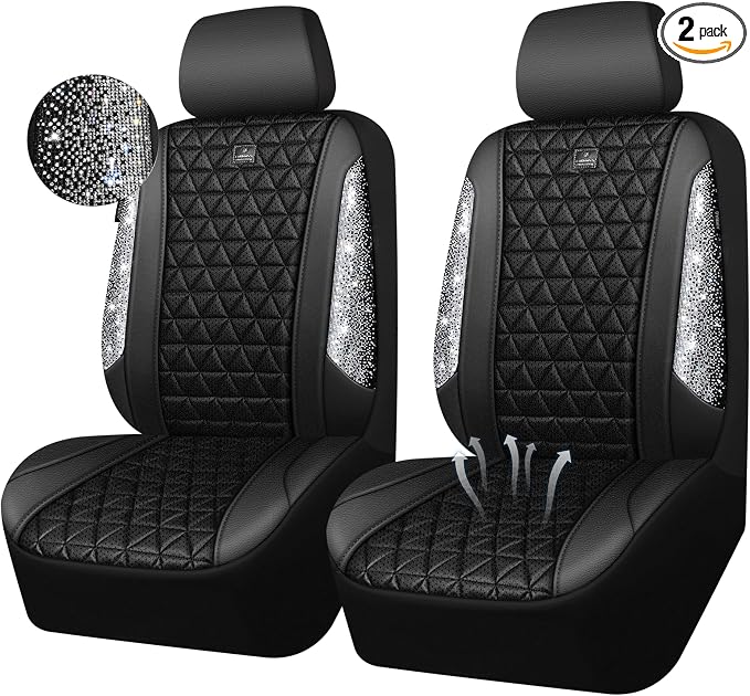 CAR PASS 3D Air Mesh Seat Covers for Cars, Bling Diamond Leather Foam Car Seat Covers for 2 Front Interior Sets, Automotive seat Covers Universal Fit Truck SUV Cute Women Girl, Black Silver Rhinestone by CARPASS