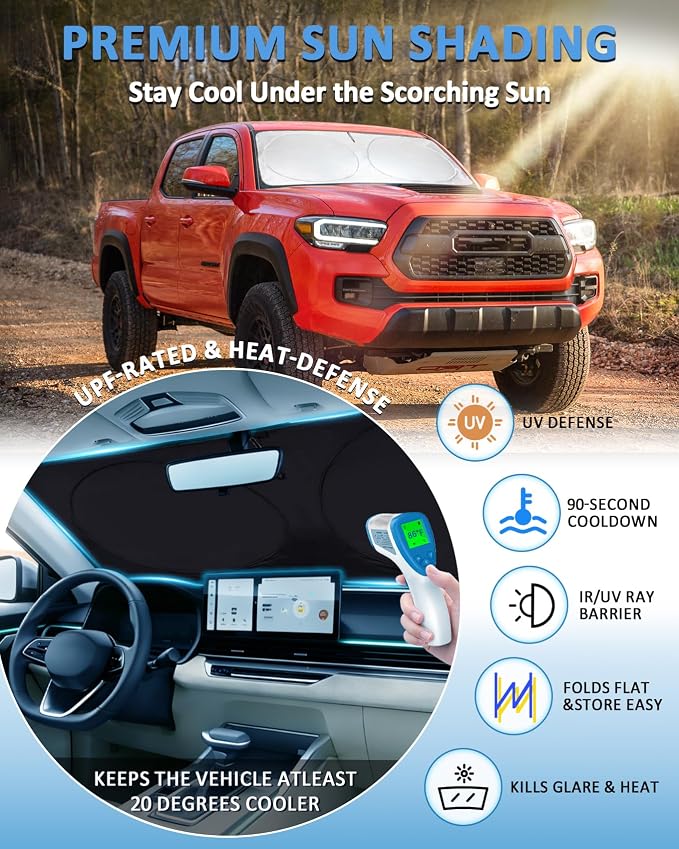 Windshield Sunshade for Toyota Tacoma 2016-2026 2Dr 4Dr Pickup Sun Visor | Sun Shade for Tacoma Foldable Front Window Cover Retractable Protector Keep Interior Cool - Image 2