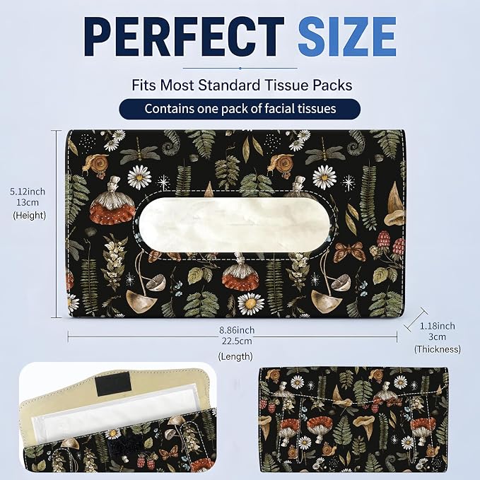 Car Tissue Holder, Cute Sun Visor Napkin Holder Backseat Tissue Case, PU Leather Tissue Box, Funny Car Accessories for Women Men Brown Cute Boho Mushrooms - Image 4