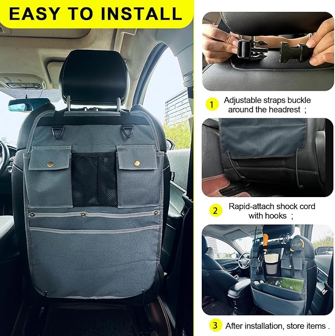 Car Seat Back Organizer with Multiple Pockets and Hooks (grey) - Image 4