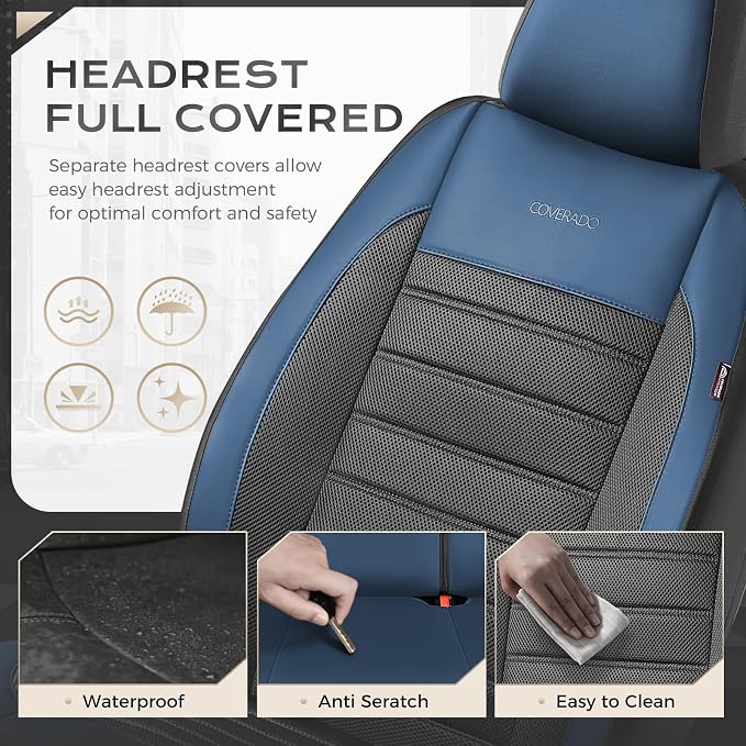 Coverado Car Seat Covers Front Seats, Luxury Leather Car Seat Covers, Automotive Mesh Seat Covers 2 Pack, Airbag-Compatible, Black Blue Seat Covers for SUV Sedan Truck - Image 3