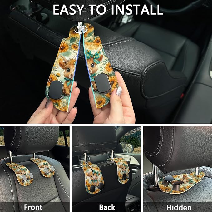 Blusabaca 2PCS Car Hooks for Purses Bags, Highland Cow Cattle Artwork Modern Seat Back Storage Headrest Holder Hanger PU Leather Double Metal Backseat Organizer, Women Car Accessories Organization - Image 6