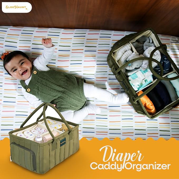 Large Diaper Caddy Organizer with Handle Neutral Boy Girl – Baby Basket for Nursery, Car, Changing Table – Portable Baby Storage with Compartments – Perfect for New Parents and Baby Shower Gifts - Image 2