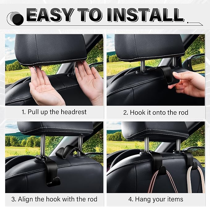 SINGARO 4 Pack Car Seat Headrest Hooks, Vehicle Back Seat Hanger Storage Organizer for Purse Handbag Backpack Coat Grocery, 360° Rotating Heavy Duty Holds 44lbs, Black - Image 5