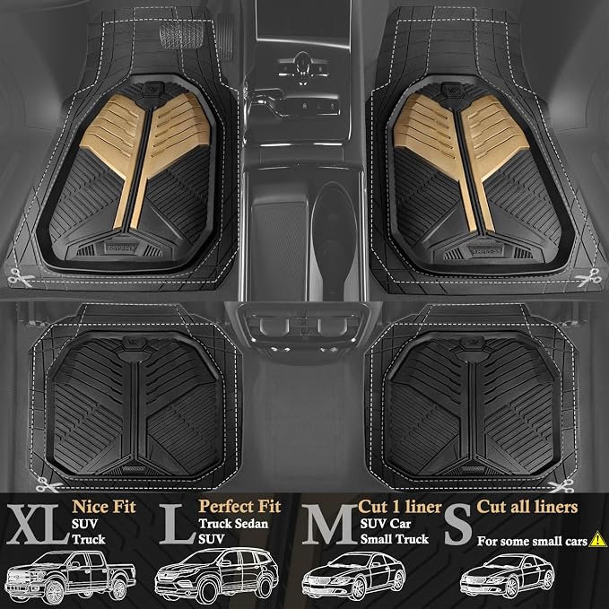 CAR PASS Heavy Duty Rubber Car Mats, Deep Dish Car Floor Mats All Weather, Car Mats Full Set 4-Piece Trim to Fit for Sedans SUVs Trucks, Waterproof Anti-Slip Automotive Mats, V12 Black Champagne Gold - Image 2
