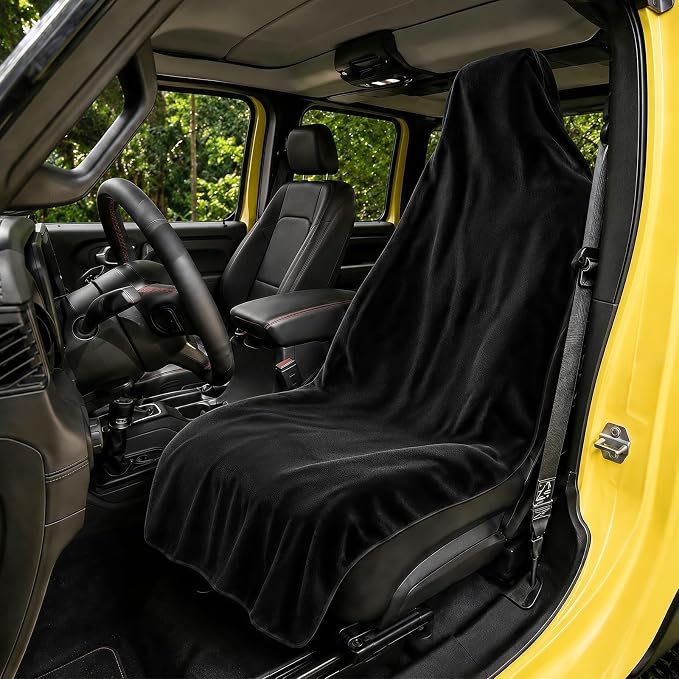 Waterproof Towel Car Seat Cover, Universal Fit Front Bucket, Black | Non Slip Soft Waterproof Absorbent instantly Sweat Protector, for Gym Workout, Swimming, Beach, Soccer, Pet travel - Image 2