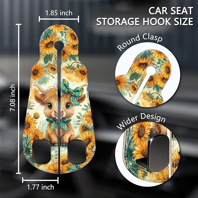 Blusabaca 2PCS Car Hooks for Purses Bags, Highland Cow Cattle Artwork Modern Seat Back Storage Headrest Holder Hanger PU Leather Double Metal Backseat Organizer, Women Car Accessories Organization - Image 5