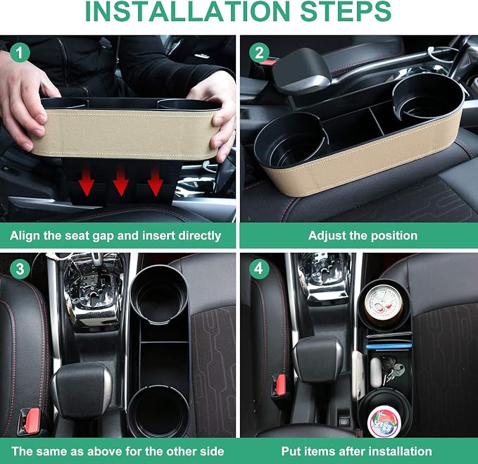 Car Seat Gap Filler Organizer with Cup Holder, Beige | Front Seat Organizer, Console Side Pocket, Cell Phone Holder, Coin Bucket, Car Storage Box, Universal Fits, Easy Installation - Image 5