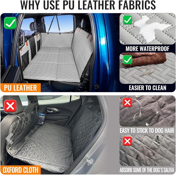 MAXFUT Dog Car Seat Cover for Back Seat,Seat Extender for Full Size Truck | Hard Bottom Dog Hammock,Waterproof,Scratch Resistant Leather,Strong Support,More Rest Space,Truck Back Seat Protector,Grey - Image 3
