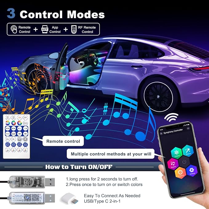Acrylic Interior Car LED Strip Light with 30S Motion Sensor Switch&USB Hub, Dreamcolor 55.1 inches Ambient Lighting Kits, RGB Colors Neon LED Strip Light - Image 4