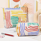 SOIDRAM 2 Pieces Stripes Makeup Bag Large Corduroy Cosmetic Bag Capacity Canvas Mix Travel Toiletry Bag Organizer Cute Makeup Brushes Aesthetic Accessories Storage Bag for Women, Stripes Mix Colorful - Image 2