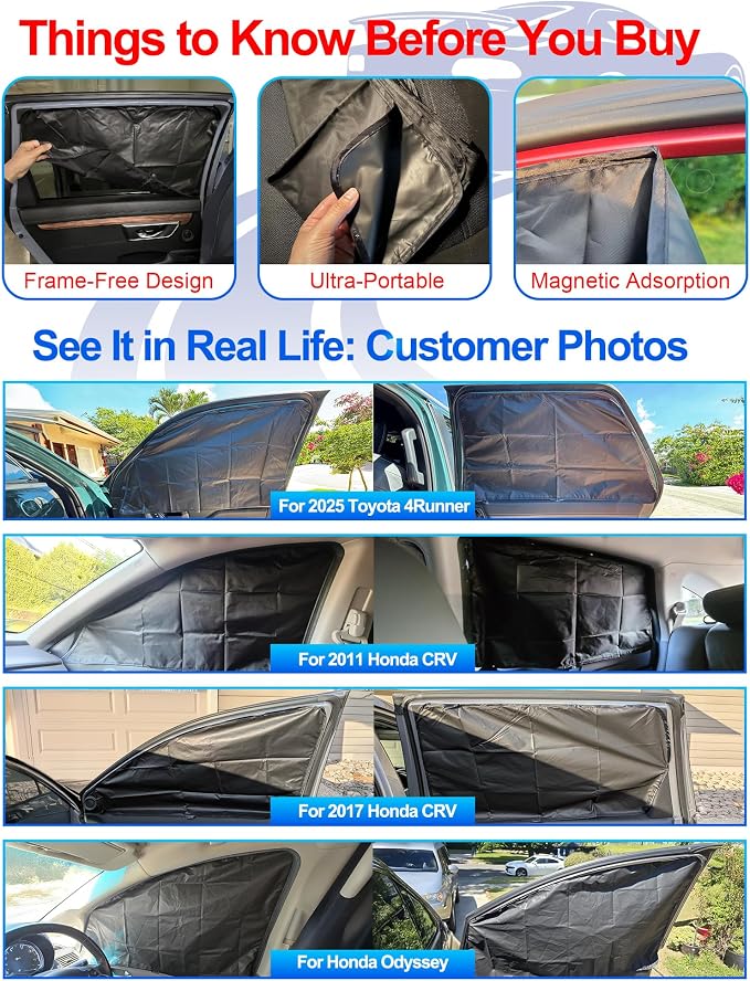 ZATOOTO Car Window Shades for Toyota 4Runner 2017-2024,100% Block Light | 4 Pcs Magnetic Car Window Covers,Privacy Curtains,Side Window Sun Shade for Baby Breastfeeding, Sleeping, Camping - Image 2