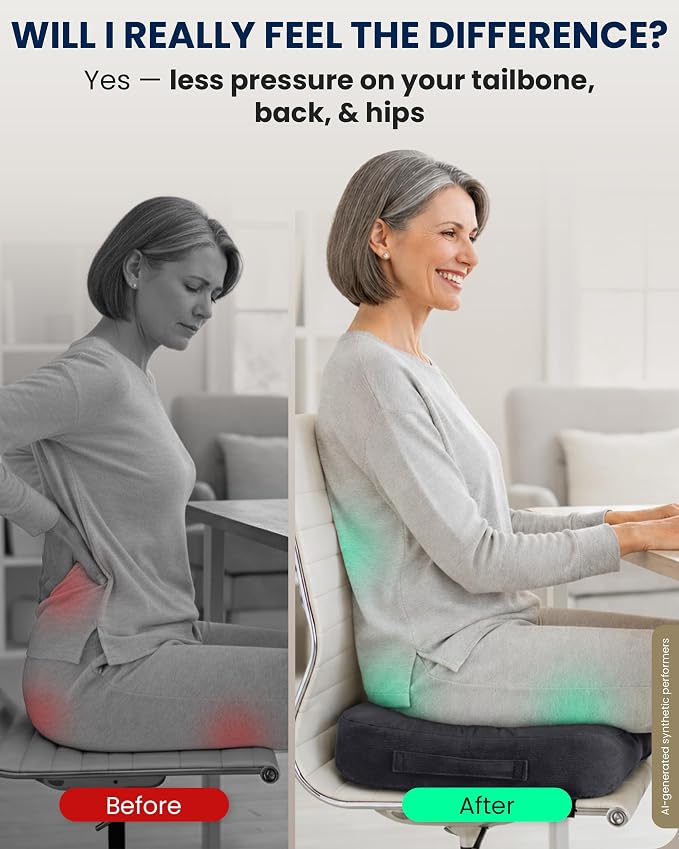 5 STARS UNITED Seat Cushion - Memory Foam Chair Cushion for Tailbone Pain Relief - Ergonomic Support for Coccyx, Sciatica & Butt - Office, Desk & Gaming Chair, Car Seat, Wheelchair, Airplane, D Gray - Image 7