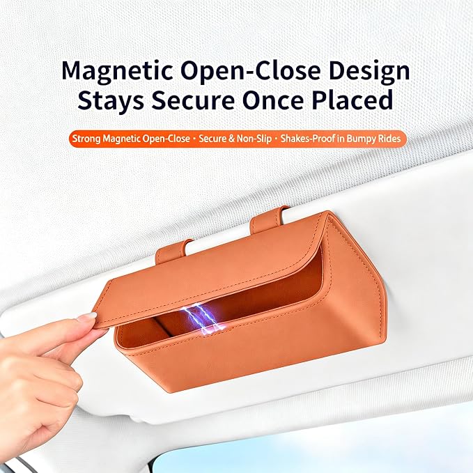 Magnetic Car Sunglasses Holder - Beige Nappa Visor Glasses Case | One-Handed Eyeglass Clip for Large Frames heat-resistant storage for aviators & cards,damage-free,vanity mirror friendly - Image 4
