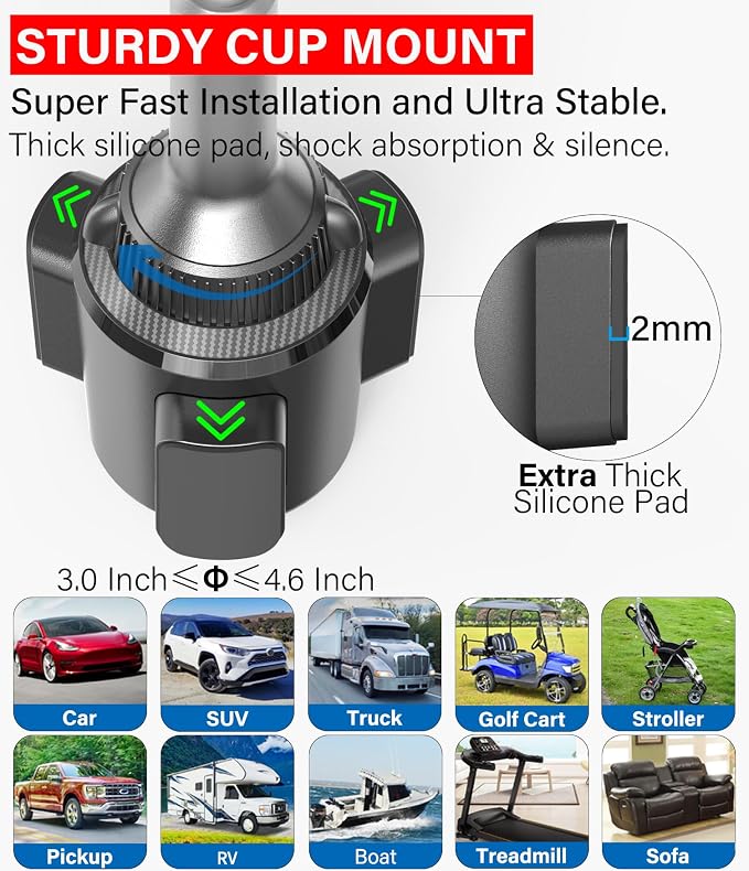 APPS2Car Solid Cup Holder Tablet Mount for Car, iPad Car Mount for Truck | Adjustable Height, Low Profile Road Trip Essentials Compatible with 4.7-13" iPad Pro Air Mini Fire iPhone Cell Phone - Black - Image 5