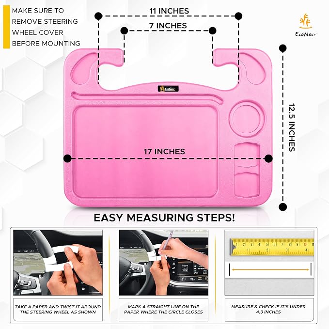 EcoNour 4 in 1 Car Steering Wheel Tray - 2024 Upgraded Pink Tray with Dual | Sauce Dip Holder and Tablet Holder | Spacious Steering Wheel Desk for Food and Laptop | Car Accessories (Large) - Image 3