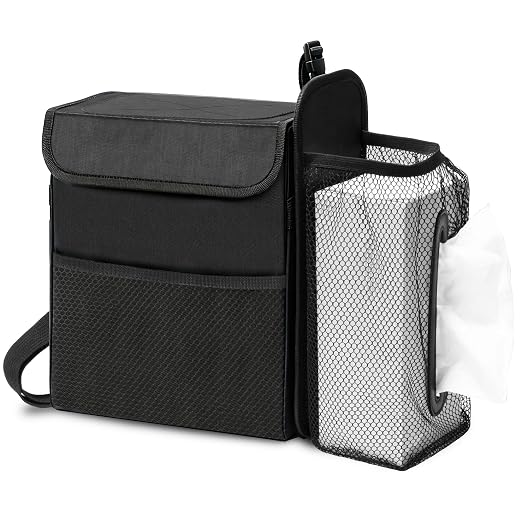 Ryhpez Car Trash Can with Tissue Holder Detachable, Leakproof, Black | Car Garbage Can with Removable Car Napkin Holder, Car Trash Bin with Lid for Headrest, Console, Truck, SUV Car Accessories by Ryhpez