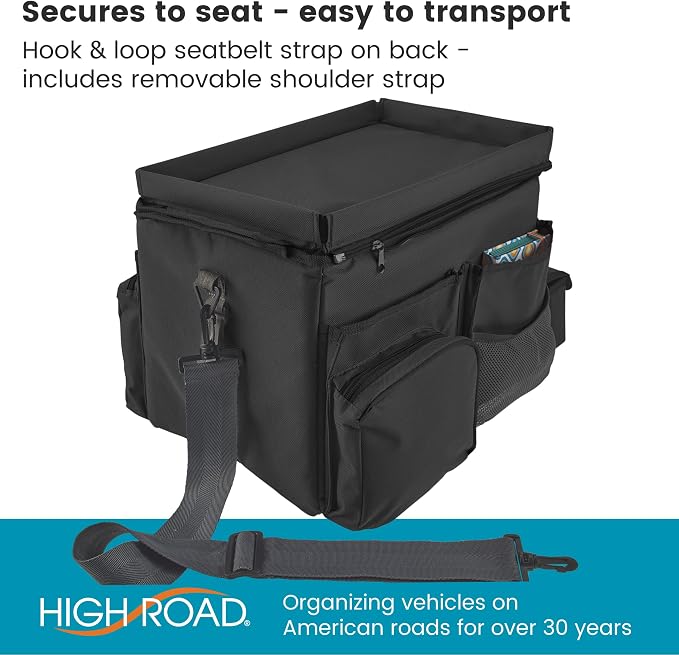 High Road Car Front Seat Storage Organizer - Passenger Seat Desk for Laptop | Car Office Organizer With File and Laptop Storage Compartment, Car Desk Top, Cup Holders and 8 Storage Pockets - Image 7