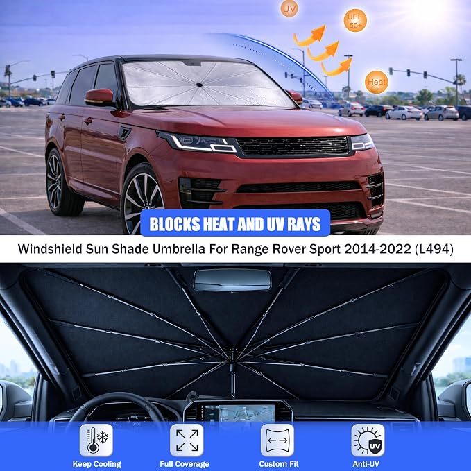 Windshield Sun Shade Umbrella for Range Rover Sport 2014-2022 (L494) | 2026 Upgraded,Custom-Fit Umbrella Sunshade,Easy Install,UV Protection & Heat Reflective,Keep Interior Cooler with Storage Bag - Image 3