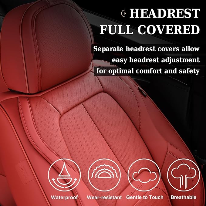 Coverado Car Seat Covers Full Set, Premium Nappa Leather Seat Covers for Car, Waterproof Car Seat Protector with Lumbar Support, Automotive Seat Covers Universal Fit for Most Cars SUV Truck, (Red) - Image 5
