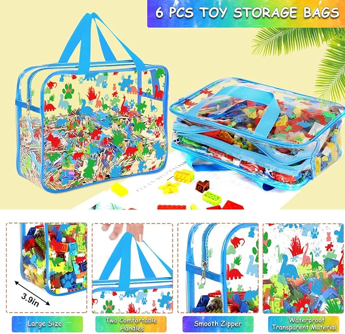 6 Packs Large Toy Storage Bags with Labels, Reusable Clear PVC Storage Bag, Travel Waterproof Organizer Bags (Blue-cute pattern) - Image 3