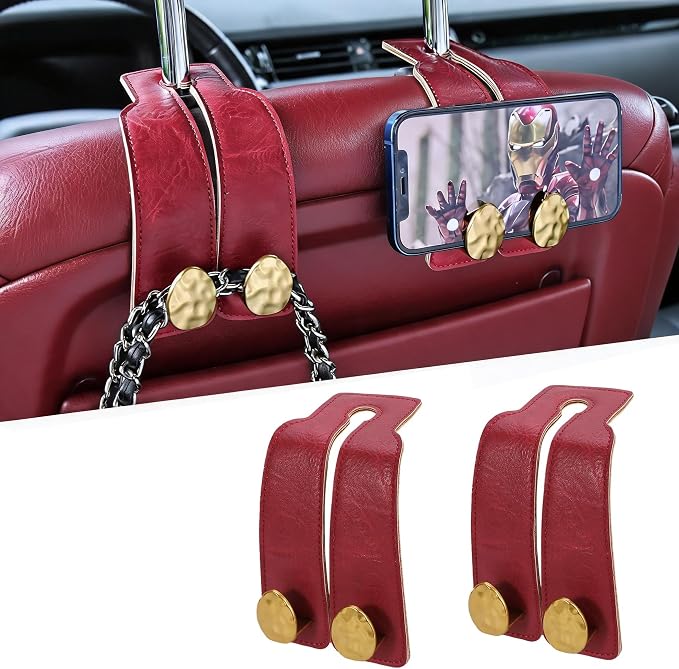 Leather Car Purse Hook for Headrest, 2 Pack (Red-Gold) | Twin Hooks Headrest Hangers, 2/4 Pack, No-Slip, Scratch-Proof, Holds Purses, Backpacks, Grocery Bags, Car Organizer Gift by Fashion
