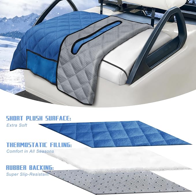 YOKYHOM Golf Cart Seat Covers with 4 Front Pockets, Thick Seat Towel Blanket with Non-Slip Backing, Fits EZGO, Club Car, Yamaha and More 2 & 4 Passenger Golf Carts, Blue - Image 2