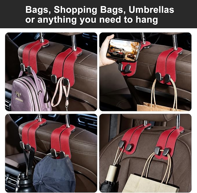 CoBak Purse Hook for Car - Universal Premium Stitched Leather and Aluminum-Magnesium Alloy Double Car Seat Back Storage Hook for Purses, Handbags, Bags (2 Pack),Carbon Red - Image 6