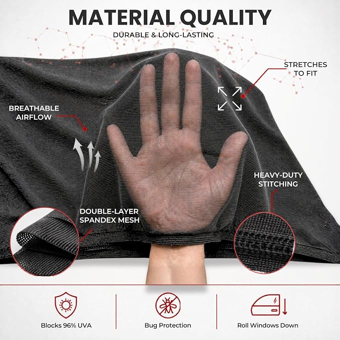 XXXL/Window Sun Shades for Trucks, 2-Pack/8 Sizes. Stretch-To-Fit H: 23"x W: 50" Rear Windows. Slip-On Breathable Mesh Socks for Side Windows, Full Coverage, Heat & Bug Protection, 2-Pack by Qualizzi - Image 4