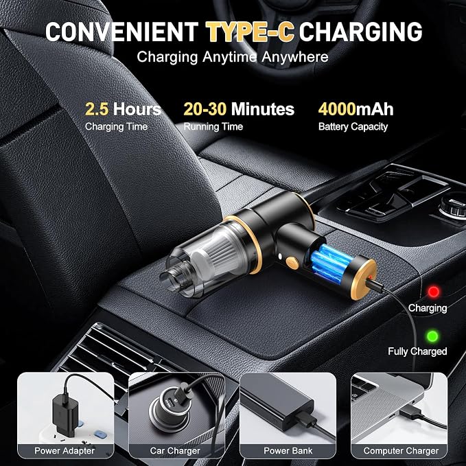 Handheld Car Vacuum Cleaner, 9000PA Hand Held Vacuum Cleaner & Air Duster | 120W High Power Portable Cordless, Rechargeable, Multi-Nozzles & LED Light, For Home, Car, Office - Image 5