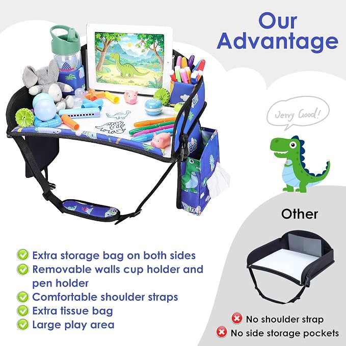 Kids Travel Tray for Toddler Car Seat, Road Trip Activities for Kid | Toddler Car Activities with iPad Holder Stand, Roadtrip Essentials with Dry Erase Board & Cooler Cup Holder,Blue Dinosaur - Image 6