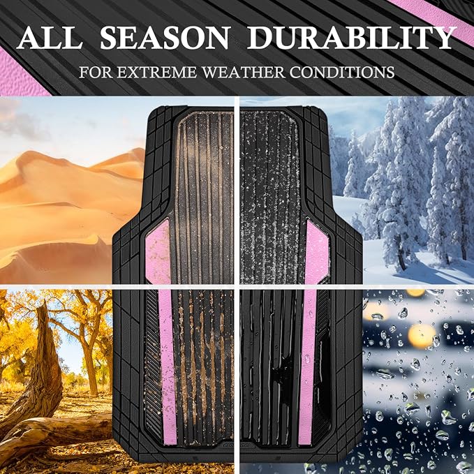 CAR PASS Heavy Duty Rubber Car Mats Metallic, Aluminum Film Cute All Weather Floor Mats Waterproof Universal Trim to Fit for SUV Sedan Van 4 Piece Deep Dish Two-Tone Sporty Black Light Pink Chrome - Image 3