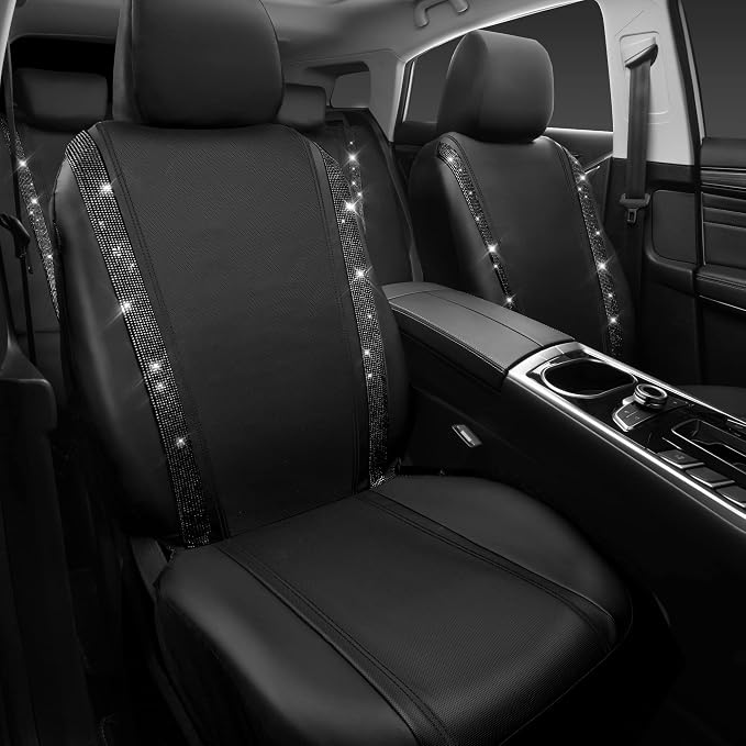CAR PASS Leather Bling Diamond Car Seat Covers Full Set, Shining Rhinestone Waterproof Durable Rear with Zipper, Universal Fit Automotive Glitter Crystal Sparkle Strip for Cute Women Girly Black - Image 8