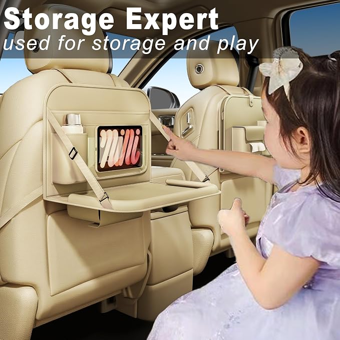 Backseat Car Organizer with Tray 1 Pack,Car Back Seat Eating Tray for Kids, Multifunctional Laptop Desk,Back Seat Car Storage & Tablet Holder for Children(Beige, 1PC) - Image 4