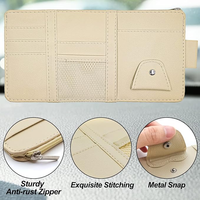 Keedolla Car Sun Visor Organizer Auto Interior Accessories Pocket Organizer, Sunglasses Holder Car Truck Visor Storage Pouch for Cards, Pens and Document - Beige - Image 5