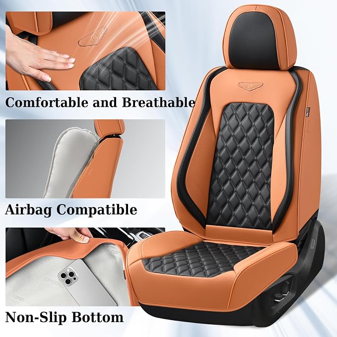 Coverado Universal Car Seat Covers Full Set, Vintage-Style Soft Waterproof Faux Leather Front & Rear Seat Protectors, Comfortable Anti-Stain Interior for Most Vehicles – BrownBlack - Image 4