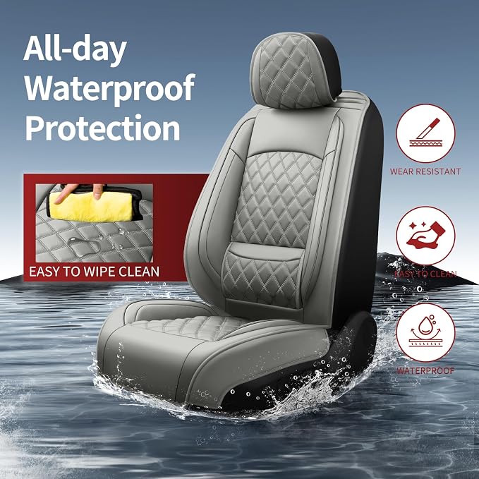 Seat Covers Fit for GMC Sierra 1500/2500/3500 HD 2007-2025,Premium Leather, Waterproof, All-Weather, Airbag Compatible, Breathable, Seat Protectors, Full Set,Gray - Image 2