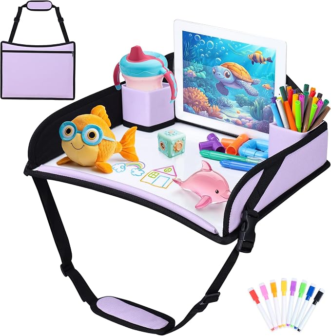 Toddler Car Seat Travel Tray FOR Road Trip Activities, Purple | Kids Carseat Tray With 16.7" x 13.4" Smooth Dry Erase Board, Cup holders, Ddjustable Strap & Shoulder Carry Strap by AZAMIA