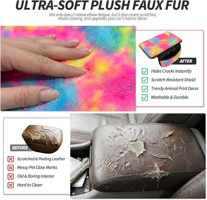 Plush Fuzzy Fur Car Armrest Cover with Side Pockets,Tie Dye | Fluffy Armrest Cushion Pad,Soft Center Console Cover,Car Interior Storage Accessories ,for Most Car Decoration Protector - Image 5
