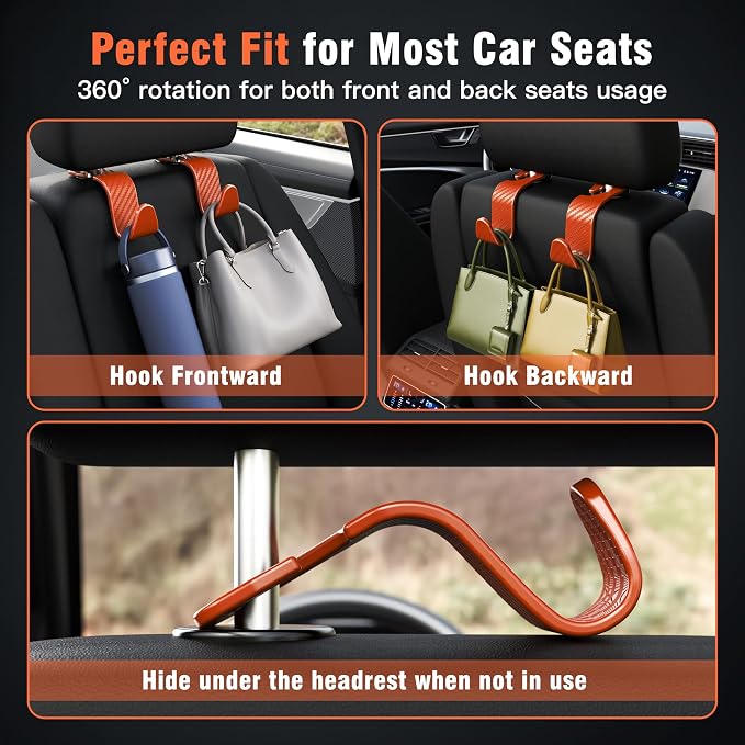 4-Pack Car Headrest Hooks Holds 55lbs Seat Storage Organizer for Bags | Durable ABS Material, 360° Rotating, Car Hanger for Backpack Umbrella Water Bottle Coat Handbags Groceries, Checkered Orange - Image 4