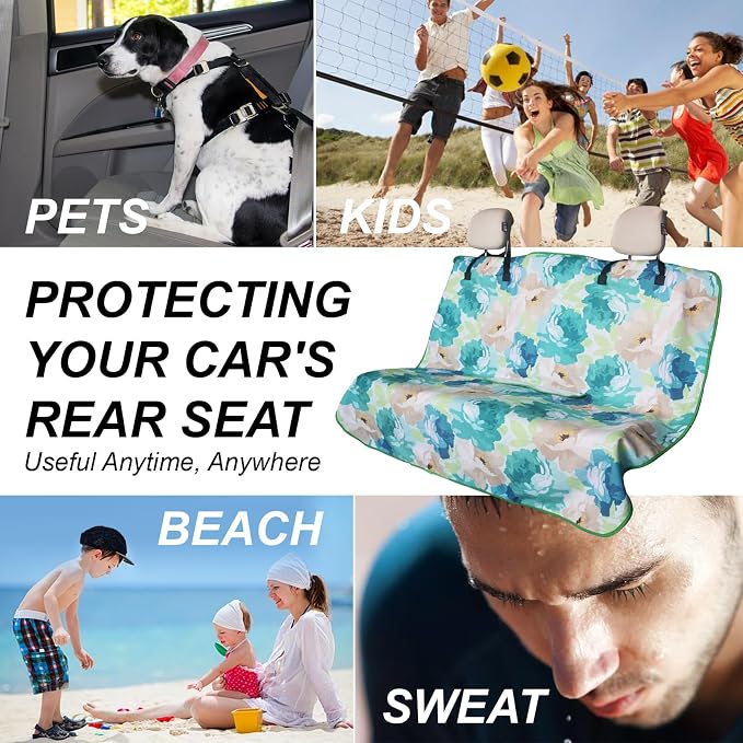 Sweat Towel Car Seat Cover Protector Front Seats for Gym Workout, Running, Swimming, Beach and Hiking, Waterproof Universal Seat Cover for Car, Trucks, Van & SUV (1, Cyan Flower, Rear Seat) - Image 4