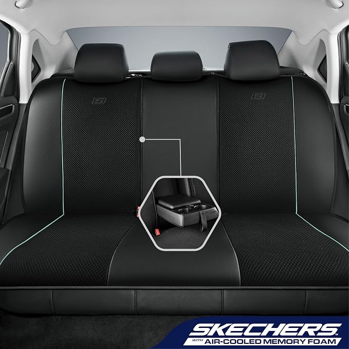 Skechers Air-Cooled Memory Foam Seat Cover,Mesh Thick Car Seat Covers,Piping Leather Car Seat Cover,Airbag Compatible,Automotive Comfort for Most Cars, Vans, Trucks, SUV(Mint,Full Set) - Image 3