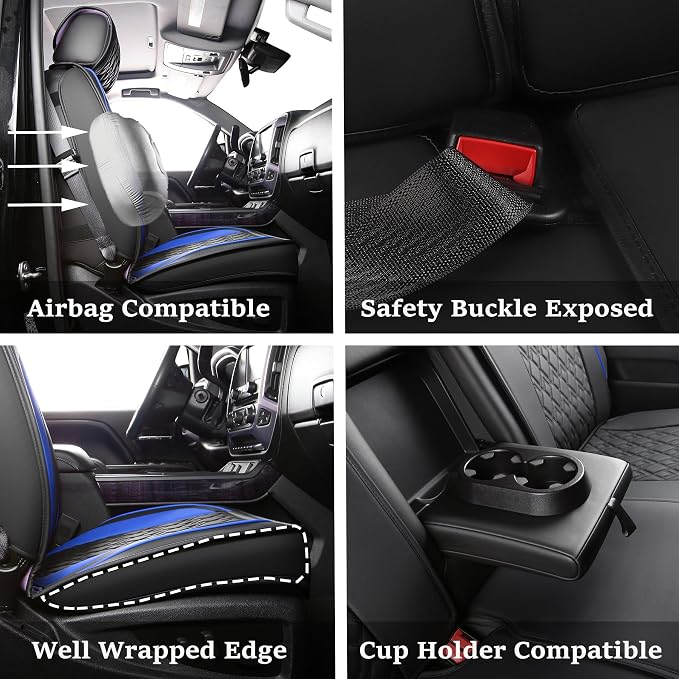 Chevy Silverado Seat Covers,Leather Seat Covers for GMC Sierra,Custom Fit 2007-2026 1500 2500HD 3500HD Crew Double Extended Regular Cab,LT LZT RST(Full Set,Black Blue) - Image 2