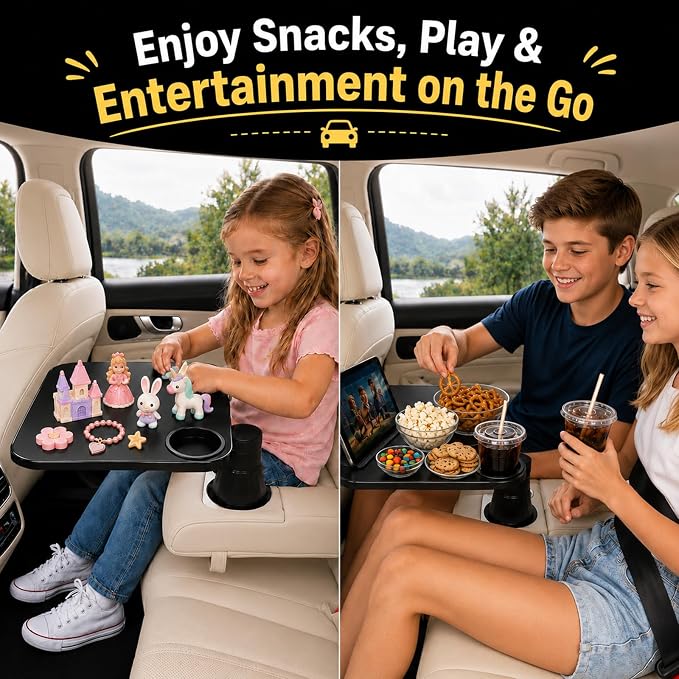 Car Tray Table for Laptop and Food, 360° Rotating Adjustable Car Desk with Cup Holder,Leather Surface, Adjustable Vehicle Seat Tray for Eating, Working, Road Trips, Fits Tesla Model 3/Y/S&Most Cars - Image 8