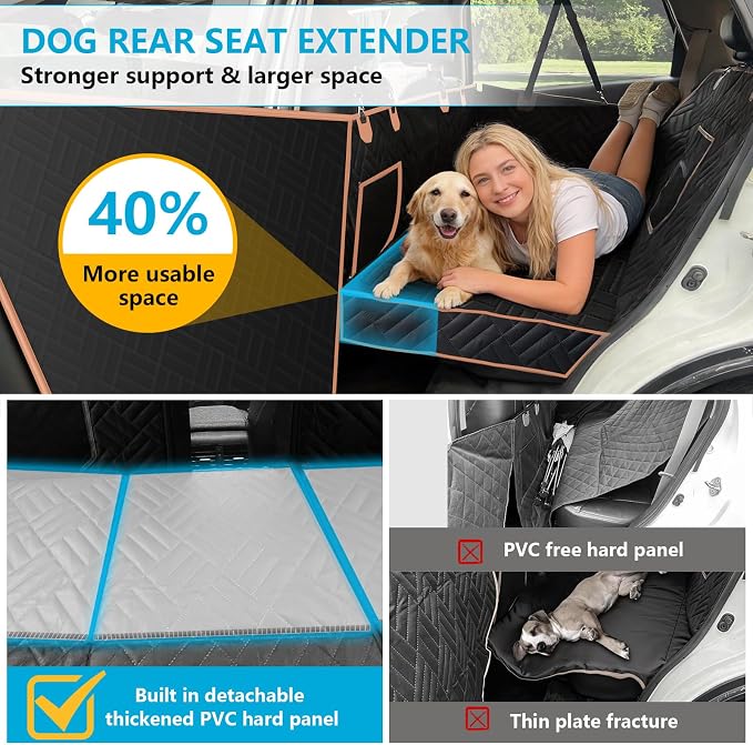 Convertible Dog Car Seat Cover for Back Seat Hard Bottom 400lb Waterproof | Full & Half Seat Dog Hammock,Built-in Seat Anchor Mesh Window,Heavy-duty Hard Bottom 400lb Capacity,Suitable for Most Car SUV - Image 4