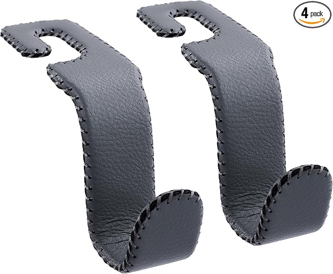 Car Headrest Hooks, Universal Car Seat Back Organizer Hanger, Premium Leather & Metal Construction, Multipurpose for Handbag, Purse, Coat, Ergonomic Design, 4 Pack Gray by Unknown