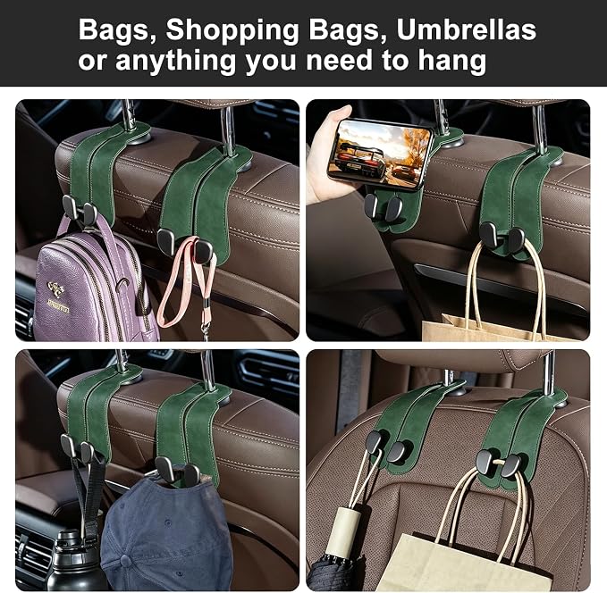 CoBak Purse Hook for Car - Universal Premium Stitched Leather and Aluminum-Magnesium Alloy Double Car Seat Back Storage Hook for Purses, Handbags, Bags (2 Pack),Emerald - Image 6