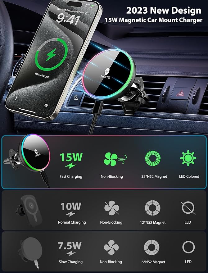 for Magsafe Car Mount Charger 15W LED RGB Car Phone Holder for Dash Vent | HandsFree Magnetic Wireless Car Charger Car Mount Fast Car Charger for iPhone 17 16 15/14/13/12 Series - Image 8