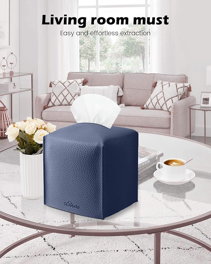 Tissue Box Cover for PU Leather, Modern Simple Solid Color Holder Square Tissue Bag, Ideal for Bathrooms,Office,Car,Outdoor Tent,Dining Table,5"X5"X5", Single Navy Blue - Image 3